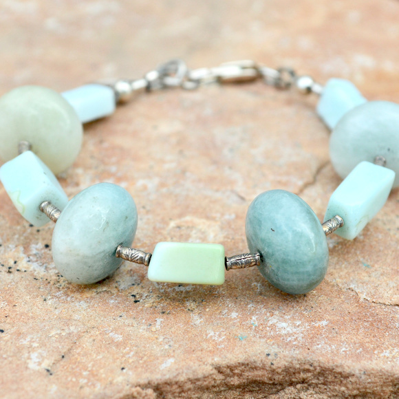 Aquamarine Peruvian Opal Sterling Silver Bracelet - Picture 2 of 7